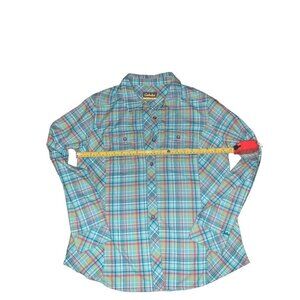 Cabelas Shirt Womens M Aqua Red Yellow Plaid  Long Sleeve Button Up Outdoor Nice